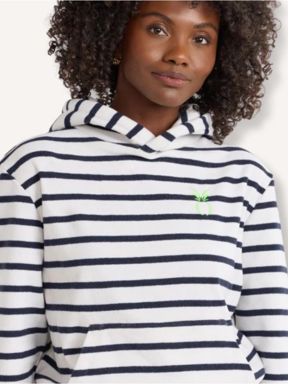 Dudley Stephens Hendrie Hoodie in White and Navy Striped Terry Fleece, Small